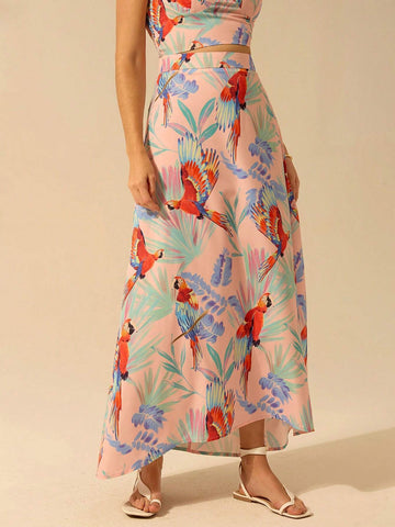 CAJUNI Women's Boho Colorful Parrot Pattern Maxi Casual Vacation Skirt, For Summer CAJUNI Women's Boho Colorful Parrot Pattern Maxi Casual Vacation Skirt, For Summer
