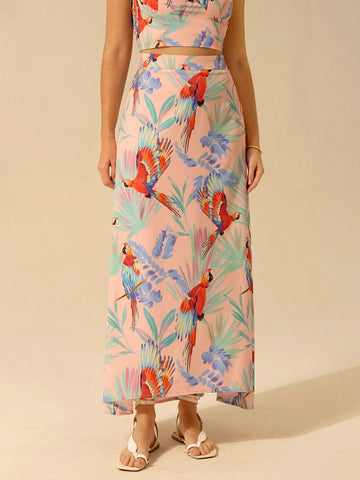 CAJUNI Women's Boho Colorful Parrot Pattern Maxi Casual Vacation Skirt, For Summer CAJUNI Women's Boho Colorful Parrot Pattern Maxi Casual Vacation Skirt, For Summer