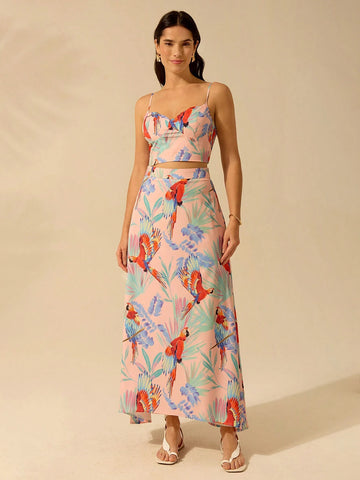 CAJUNI Women's Boho Colorful Parrot Pattern Maxi Casual Vacation Skirt, For Summer CAJUNI Women's Boho Colorful Parrot Pattern Maxi Casual Vacation Skirt, For Summer