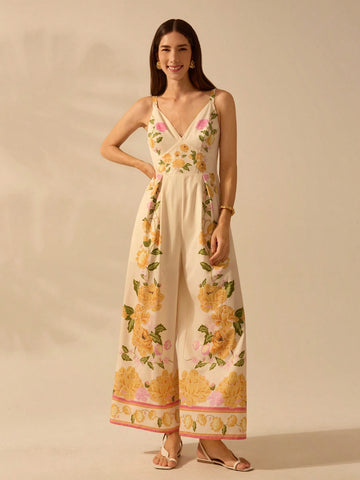 CAJUNI Women's Boho Colorful Tropical Flower Print, Sleeveless Long Jumpsuit, Holiday Casual Beach Summer Jumpsuit CAJUNI Women's Boho Colorful Tropical Flower Print, Sleeveless Long Jumpsuit, Holiday Casual Beach Summer Jumpsuit