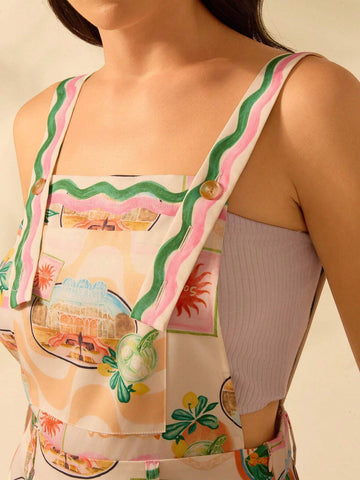CAJUNI Women's Boho Colorful Tropical Print Jumpsuit With Pockets, Casual Beach Vacation Summer Romper CAJUNI Women's Boho Colorful Tropical Print Jumpsuit With Pockets, Casual Beach Vacation Summer Romper