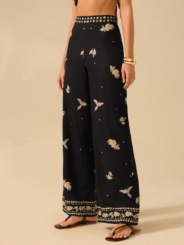 CAJUNI Women's Boho Tropical Bird, Banana & Geometric Print Black Wide Leg Extra Long Palazzo Pants CAJUNI Women's Boho Tropical Bird, Banana & Geometric Print Black Wide Leg Extra Long Palazzo Pants
