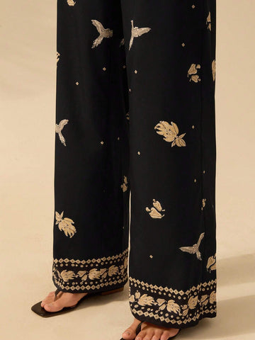 CAJUNI Women's Boho Tropical Bird, Banana & Geometric Print Black Wide Leg Extra Long Palazzo Pants CAJUNI Women's Boho Tropical Bird, Banana & Geometric Print Black Wide Leg Extra Long Palazzo Pants