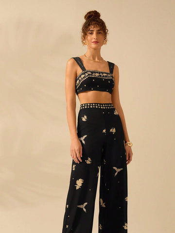 CAJUNI Women's Boho Tropical Bird, Banana & Geometric Print Black Wide Leg Extra Long Palazzo Pants CAJUNI Women's Boho Tropical Bird, Banana & Geometric Print Black Wide Leg Extra Long Palazzo Pants