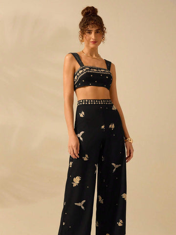 CAJUNI Women's Boho Tropical Bird, Banana & Geometric Print Black Wide Leg Extra Long Palazzo Pants CAJUNI Women's Boho Tropical Bird, Banana & Geometric Print Black Wide Leg Extra Long Palazzo Pants