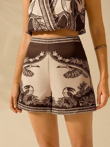 CAJUNI Women's Boho Tropical Bird & Plant Print Casual Vacation Summer Beach Apricot Shorts CAJUNI Women's Boho Tropical Bird & Plant Print Casual Vacation Summer Beach Apricot Shorts