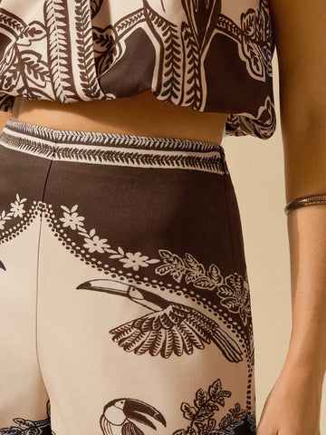 CAJUNI Women's Boho Tropical Bird & Plant Print Casual Vacation Summer Beach Apricot Shorts CAJUNI Women's Boho Tropical Bird & Plant Print Casual Vacation Summer Beach Apricot Shorts