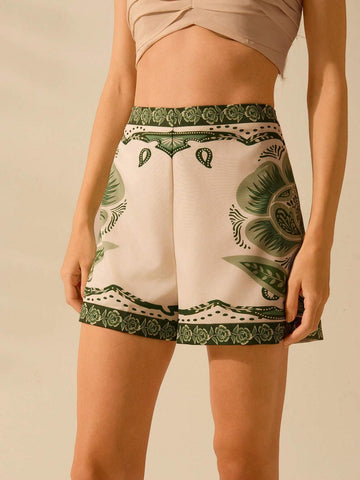 CAJUNI Women's Boho Tropical Flowers Green Print Shorts, Vacation Casual Summer Beach Shorts CAJUNI Women's Boho Tropical Flowers Green Print Shorts, Vacation Casual Summer Beach Shorts