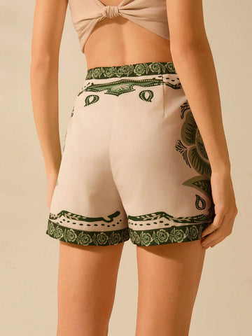 CAJUNI Women's Boho Tropical Flowers Green Print Shorts, Vacation Casual Summer Beach Shorts CAJUNI Women's Boho Tropical Flowers Green Print Shorts, Vacation Casual Summer Beach Shorts