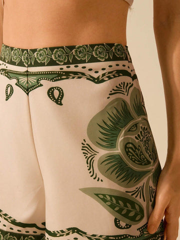 CAJUNI Women's Boho Tropical Flowers Green Print Shorts, Vacation Casual Summer Beach Shorts CAJUNI Women's Boho Tropical Flowers Green Print Shorts, Vacation Casual Summer Beach Shorts