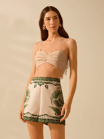 CAJUNI Women's Boho Tropical Flowers Green Print Shorts, Vacation Casual Summer Beach Shorts CAJUNI Women's Boho Tropical Flowers Green Print Shorts, Vacation Casual Summer Beach Shorts