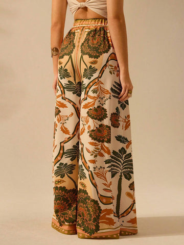 CAJUNI Women's Boho Tropical Plant Print Casual Wide Leg Palazzo Pants, Suitable For Resort, Beach, Summer CAJUNI Women's Boho Tropical Plant Print Casual Wide Leg Palazzo Pants, Suitable For Resort, Beach, Summer