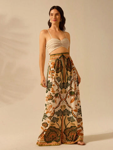 CAJUNI Women's Boho Tropical Plant Print Casual Wide Leg Palazzo Pants, Suitable For Resort, Beach, Summer CAJUNI Women's Boho Tropical Plant Print Casual Wide Leg Palazzo Pants, Suitable For Resort, Beach, Summer