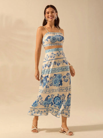 CAJUNI Women's Boho Tropical Plant & Floral Blue Print Umbrella Skirt, Vacation Casual Summer Skirt CAJUNI Women's Boho Tropical Plant & Floral Blue Print Umbrella Skirt, Vacation Casual Summer Skirt