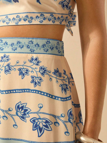 CAJUNI Women's Boho Tropical Plant & Floral Blue Print Umbrella Skirt, Vacation Casual Summer Skirt CAJUNI Women's Boho Tropical Plant & Floral Blue Print Umbrella Skirt, Vacation Casual Summer Skirt