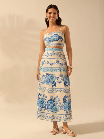 CAJUNI Women's Boho Tropical Plant & Floral Blue Print Umbrella Skirt, Vacation Casual Summer Skirt CAJUNI Women's Boho Tropical Plant & Floral Blue Print Umbrella Skirt, Vacation Casual Summer Skirt