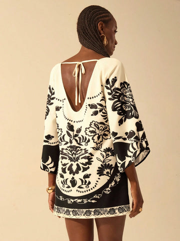 CAJUNI Women's Boho Vacation Style Black & White Leopard, Peony Floral Print V-Back Tie Loose Long Sleeve Casual Short Dress CAJUNI Women's Boho Vacation Style Black & White Leopard, Peony Floral Print V-Back Tie Loose Long Sleeve Casual Short Dress