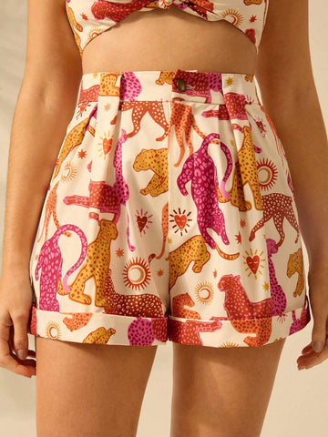 CAJUNI Women's Halter Strap Boho Tropical Color Leopard Print Beige Vacation Casual Summer Shorts CAJUNI Women's Halter Strap Boho Tropical Color Leopard Print Beige Vacation Casual Summer Shorts