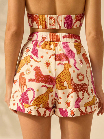 CAJUNI Women's Halter Strap Boho Tropical Color Leopard Print Beige Vacation Casual Summer Shorts CAJUNI Women's Halter Strap Boho Tropical Color Leopard Print Beige Vacation Casual Summer Shorts