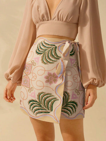 CAJUNI Women's Holiday Casual Summer Boho Tropical Print Wrap Skirt CAJUNI Women's Holiday Casual Summer Boho Tropical Print Wrap Skirt