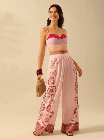 CAJUNI Women's Oversized Loose Boho Tropical Plant Print Wide Leg Pants, Vacation Casual Beach Summer Trousers CAJUNI Women's Oversized Loose Boho Tropical Plant Print Wide Leg Pants, Vacation Casual Beach Summer Trousers