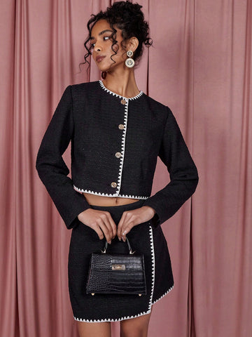 COSMINA 2pcs/Set Women Old Coin Print Contrast Trim Long Sleeve Jacket & Midi Skirt COSMINA 2pcs/Set Women Old Coin Print Contrast Trim Long Sleeve Jacket & Midi Skirt