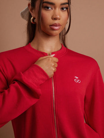 COSMINA 2pcs Set Women Cherry Print Zipper Stand Collar Sweatshirt And Shorts, Casual Autumn Outfit COSMINA 2pcs Set Women Cherry Print Zipper Stand Collar Sweatshirt And Shorts, Casual Autumn Outfit