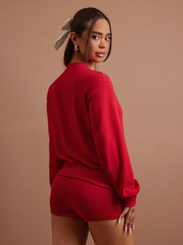 COSMINA 2pcs Set Women Cherry Print Zipper Stand Collar Sweatshirt And Shorts, Casual Autumn Outfit COSMINA 2pcs Set Women Cherry Print Zipper Stand Collar Sweatshirt And Shorts, Casual Autumn Outfit