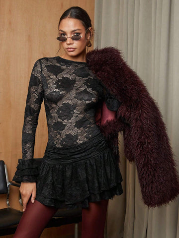 COSMINA 2pcs Set Women Elegant Sexy Jacquard Lace Flare Sleeve Top COSMINA 2pcs Set Women Elegant Sexy Jacquard Lace Flare Sleeve Top