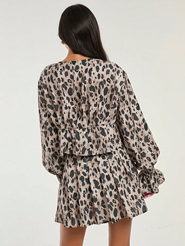 COSMINA 2pcs Women Leopard Print Bell Sleeve Blouse And Pleated Skirt Set, Casual For Autumn COSMINA 2pcs Women Leopard Print Bell Sleeve Blouse And Pleated Skirt Set, Casual For Autumn