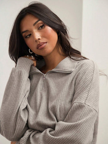 COSMINA 2pcs Women's Casual Gray Baggy Long Sleeve Drop Shoulder Zip Placket Top And Fitted Skirt Set, Spring/Fall COSMINA 2pcs Women's Casual Gray Baggy Long Sleeve Drop Shoulder Zip Placket Top And Fitted Skirt Set, Spring/Fall
