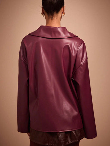 COSMINA Autumn/Winter Burgundy PU Leather Small V-Neck Women Shirt COSMINA Autumn/Winter Burgundy PU Leather Small V-Neck Women Shirt