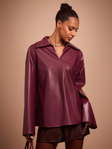 COSMINA Autumn/Winter Burgundy PU Leather Small V-Neck Women Shirt COSMINA Autumn/Winter Burgundy PU Leather Small V-Neck Women Shirt