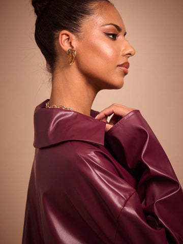 COSMINA Autumn/Winter Burgundy PU Leather Small V-Neck Women Shirt COSMINA Autumn/Winter Burgundy PU Leather Small V-Neck Women Shirt