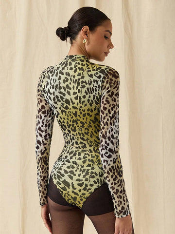 COSMINA Autumn/Winter Women Allover Print Stand Collar Long Sleeve Bodysuit COSMINA Autumn/Winter Women Allover Print Stand Collar Long Sleeve Bodysuit