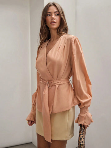 Women Elegant Lantern Long Sleeve Coral/Salmon Orange Business Casual Work Blouse With Belt For Daily Commute FAll Women Elegant Lantern Long Sleeve Coral/Salmon Orange Business Casual Work Blouse With Belt For Daily Commute FAll