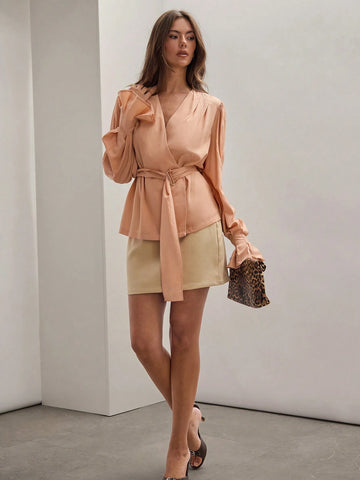 Women Elegant Lantern Long Sleeve Coral/Salmon Orange Business Casual Work Blouse With Belt For Daily Commute FAll Women Elegant Lantern Long Sleeve Coral/Salmon Orange Business Casual Work Blouse With Belt For Daily Commute FAll