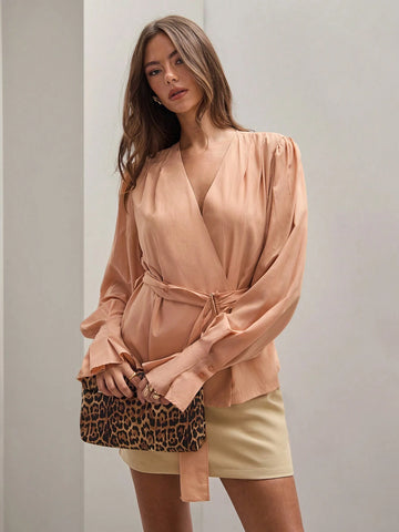 Women Elegant Lantern Long Sleeve Coral/Salmon Orange Business Casual Work Blouse With Belt For Daily Commute FAll Women Elegant Lantern Long Sleeve Coral/Salmon Orange Business Casual Work Blouse With Belt For Daily Commute FAll
