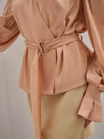 Women Elegant Lantern Long Sleeve Coral/Salmon Orange Business Casual Work Blouse With Belt For Daily Commute FAll Women Elegant Lantern Long Sleeve Coral/Salmon Orange Business Casual Work Blouse With Belt For Daily Commute FAll