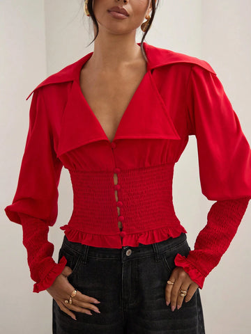 Red Shirt, Waist Hugging, Waist Design Shirt, Versatile Shirt, Red,Women's Solid Color Lapel Neck Long Sleeve Drawstring Waist Casual Shirt, Fall And Winter Red Shirt, Waist Hugging, Waist Design Shirt, Versatile Shirt, Red,Women's Solid Color Lapel Neck Long Sleeve Drawstring Waist Casual Shirt, Fall And Winter