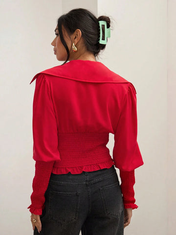 Red Shirt, Waist Hugging, Waist Design Shirt, Versatile Shirt, Red,Women's Solid Color Lapel Neck Long Sleeve Drawstring Waist Casual Shirt, Fall And Winter Red Shirt, Waist Hugging, Waist Design Shirt, Versatile Shirt, Red,Women's Solid Color Lapel Neck Long Sleeve Drawstring Waist Casual Shirt, Fall And Winter