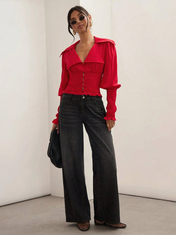 Red Shirt, Waist Hugging, Waist Design Shirt, Versatile Shirt, Red,Women's Solid Color Lapel Neck Long Sleeve Drawstring Waist Casual Shirt, Fall And Winter Red Shirt, Waist Hugging, Waist Design Shirt, Versatile Shirt, Red,Women's Solid Color Lapel Neck Long Sleeve Drawstring Waist Casual Shirt, Fall And Winter