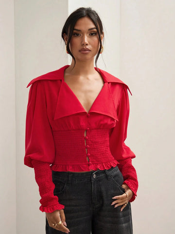 Red Shirt, Waist Hugging, Waist Design Shirt, Versatile Shirt, Red,Women's Solid Color Lapel Neck Long Sleeve Drawstring Waist Casual Shirt, Fall And Winter Red Shirt, Waist Hugging, Waist Design Shirt, Versatile Shirt, Red,Women's Solid Color Lapel Neck Long Sleeve Drawstring Waist Casual Shirt, Fall And Winter