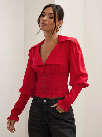Red Shirt, Waist Hugging, Waist Design Shirt, Versatile Shirt, Red,Women's Solid Color Lapel Neck Long Sleeve Drawstring Waist Casual Shirt, Fall And Winter Red Shirt, Waist Hugging, Waist Design Shirt, Versatile Shirt, Red,Women's Solid Color Lapel Neck Long Sleeve Drawstring Waist Casual Shirt, Fall And Winter