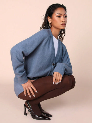 COSMINA Women 2pcs Set: Solid Color Front Button Long Sleeve Blouse And Shorts COSMINA Women 2pcs Set: Solid Color Front Button Long Sleeve Blouse And Shorts