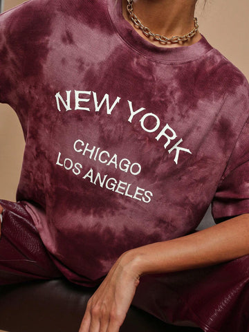 Women Burgundy Letter & National Flag Print Oversized T-Shirt, Autumn/Winter Women Burgundy Letter & National Flag Print Oversized T-Shirt, Autumn/Winter