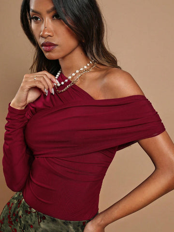 COSMINA Women's Asymmetrical Cut-Out Shoulder Bodysuit, Burgundy, Autumn/Winter COSMINA Women's Asymmetrical Cut-Out Shoulder Bodysuit, Burgundy, Autumn/Winter