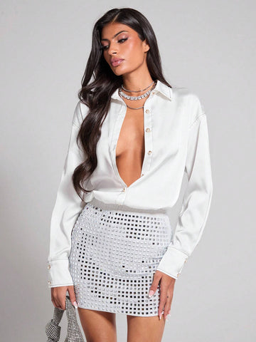 Women's Autumn Solid Color Dropped Shoulder Long Sleeve Single Button Loose Casual Shirt Women's Autumn Solid Color Dropped Shoulder Long Sleeve Single Button Loose Casual Shirt