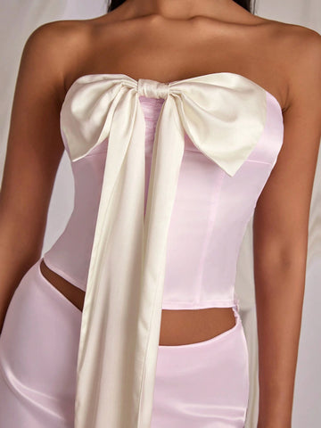 COSMINA Women's Bow Decor Camisole Top And Cropped Mini Skirt 2Pcs Set, Fashionable COSMINA Women's Bow Decor Camisole Top And Cropped Mini Skirt 2Pcs Set, Fashionable