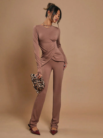 COSMINA Women's Hollow Neck Ruched Waist Brown Casual Slim-Fit Jumpsuit COSMINA Women's Hollow Neck Ruched Waist Brown Casual Slim-Fit Jumpsuit